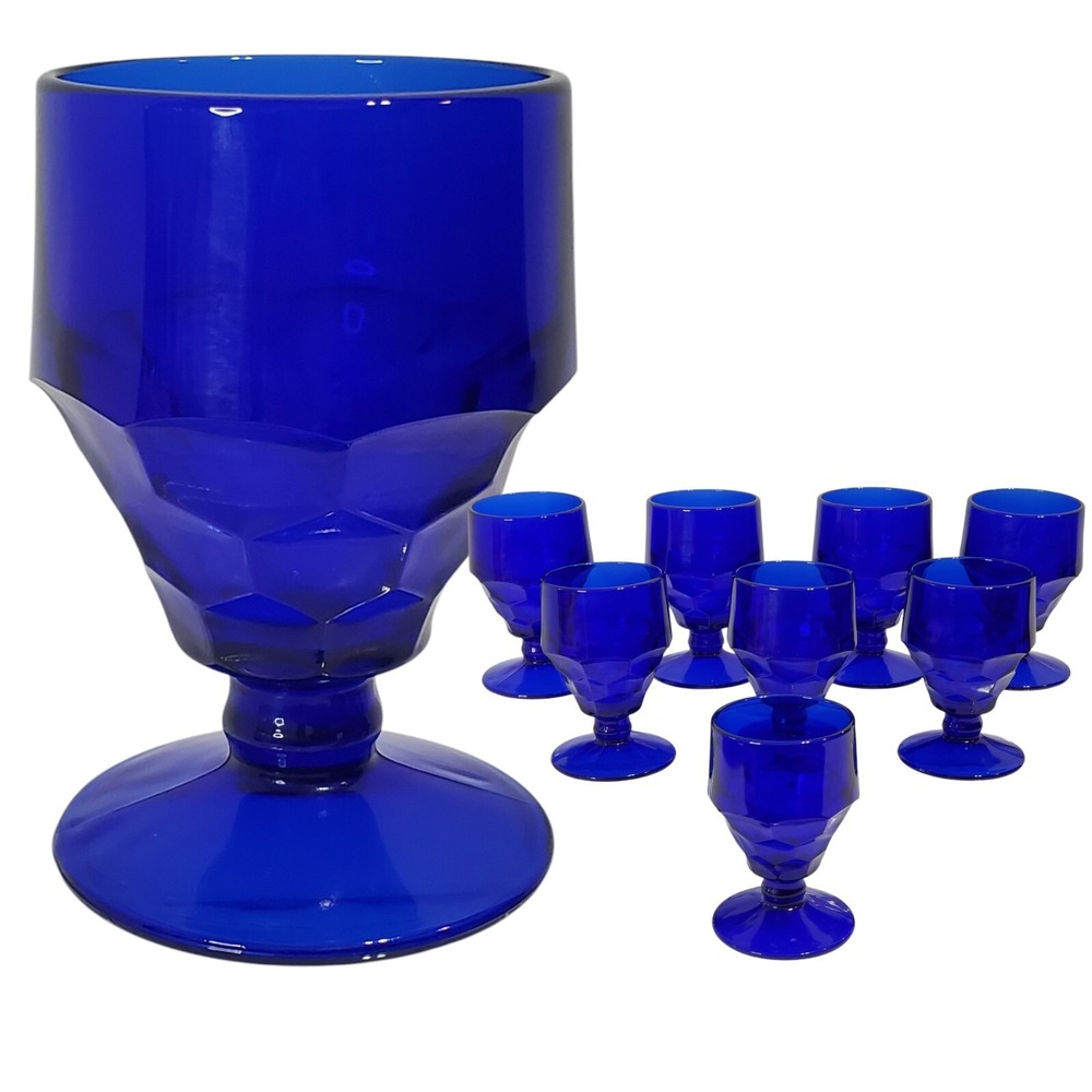 Viking Georgian Cubist Brutalist Set Of 8 Cobalt Blue Wine Glasses Goblets 5"